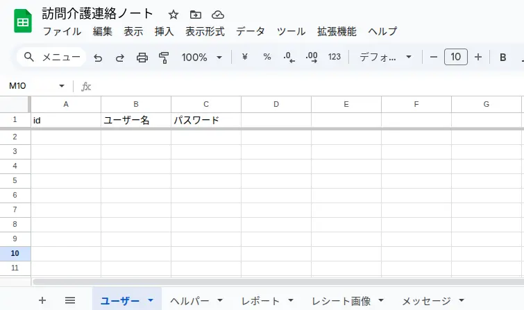 スプレッドシートで作った表「ユーザー」