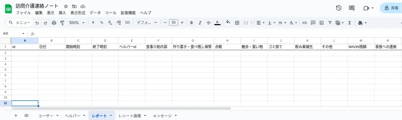 スプレッドシートで作った表「レポート」
